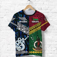 Vanuatu and Aotearoa graphic t-shirt with red, green, and blue panels