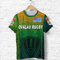 Light green Ovalau Rugby rugby T-shirt with flag badge and large 'OVALAU RUGBY' text