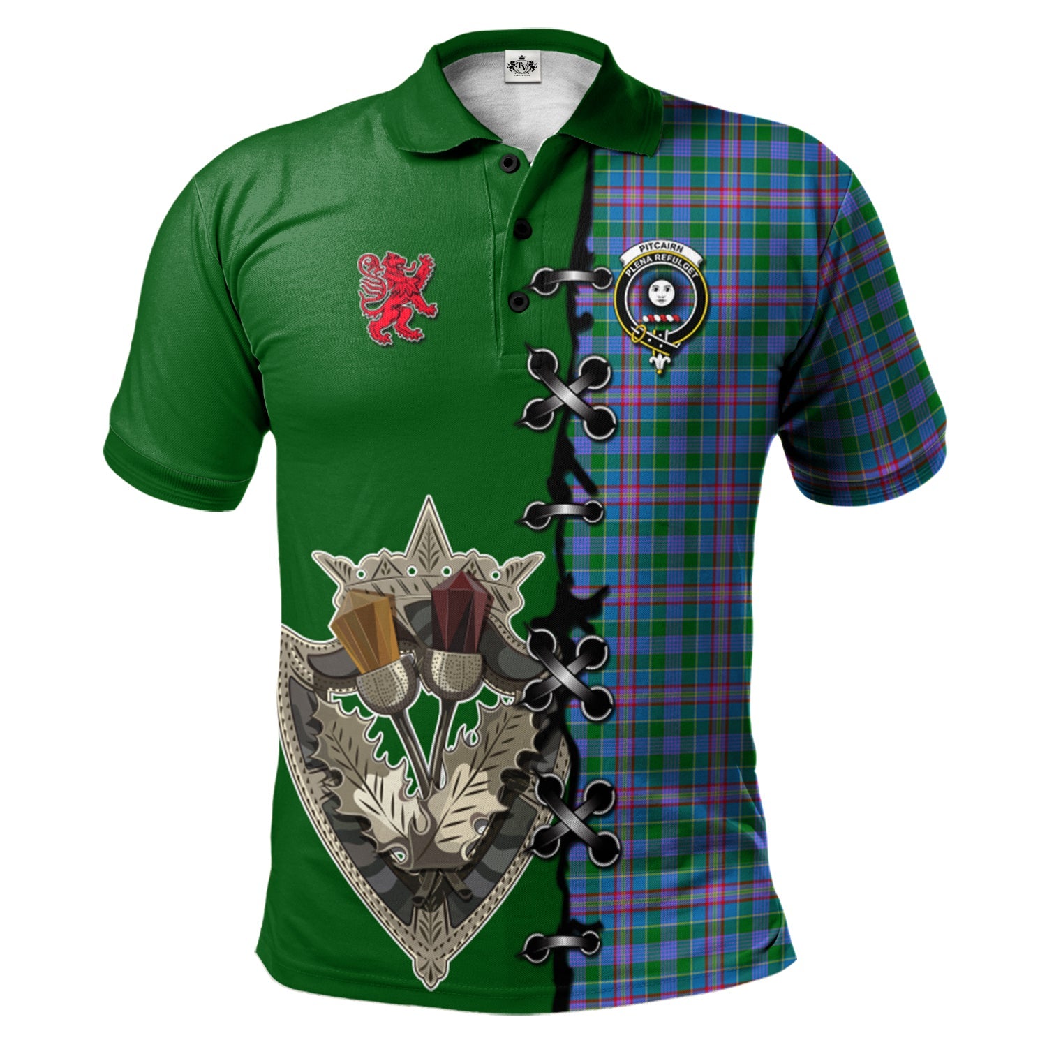 scottish-pitcairn-hunting-clan-crest-tartan-lion-rampant-and-celtic-thistle-polo-shirt