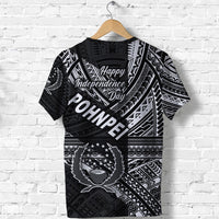 Black T-shirt with Happy Independence Day text, POHNPEI lettering, tribal artwork