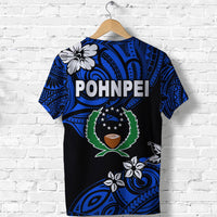Blue and black Pohnpei T-shirt, POHNPEI text with crest graphic, back view