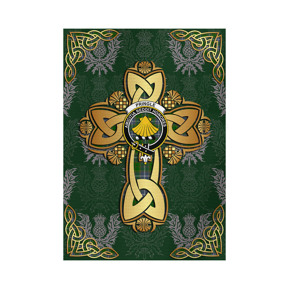 scottish-pringle-clan-crest-tartan-golden-celtic-thistle-garden-flag