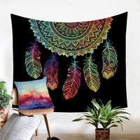 Dreamcatcher tapestry wall hanging with multicolor feather design on dark background