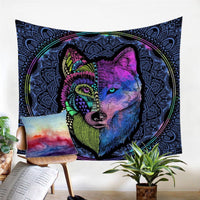 Colorful wolf face tapestry with circular mandala flower pattern, multicolor artwork