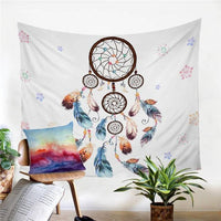 Dreamcatcher tapestry with multiple small hoops, hanging feathers, and tiny colorful floral sprigs.