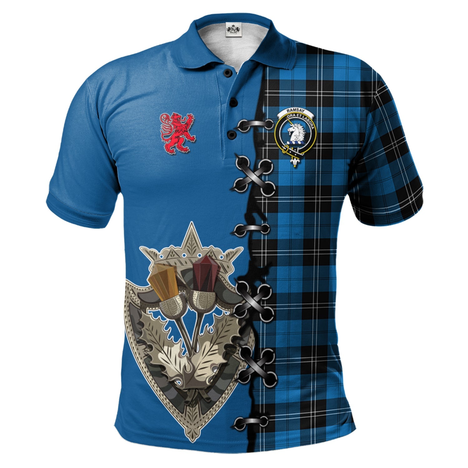 scottish-ramsay-blue-ancient-clan-crest-tartan-lion-rampant-and-celtic-thistle-polo-shirt