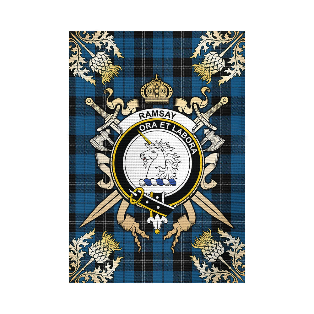 scottish-ramsay-blue-hunting-clan-crest-gold-courage-sword-tartan-garden-flag