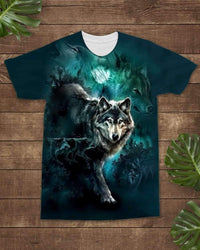 Native American 3D Moon Wolves Green Background All Over T Shirt LT10 - Wonder Print Shop