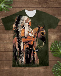 3D Native American Warrior Horse Green Background T Shirt LT10 - Wonder Print Shop