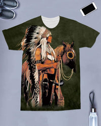 3D Native American Warrior Horse Green Background T Shirt LT10 - Wonder Print Shop