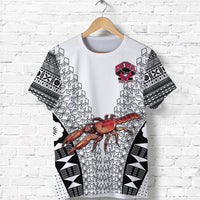 White rugby T-shirt front view with black-and-white patterns, crab graphic, and red Rewa crest