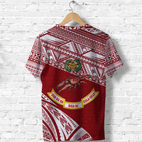 Red rugby T-shirt back with crab graphic, green emblem, yellow banners, geometric design