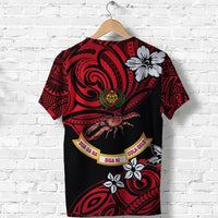 Black and red rugby T-shirt back with red spiral pattern, white floral motifs, crew neck