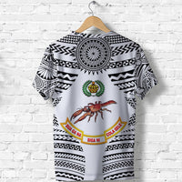 White rugby union T-shirt back with circular emblem, crab graphic, and patterned trim