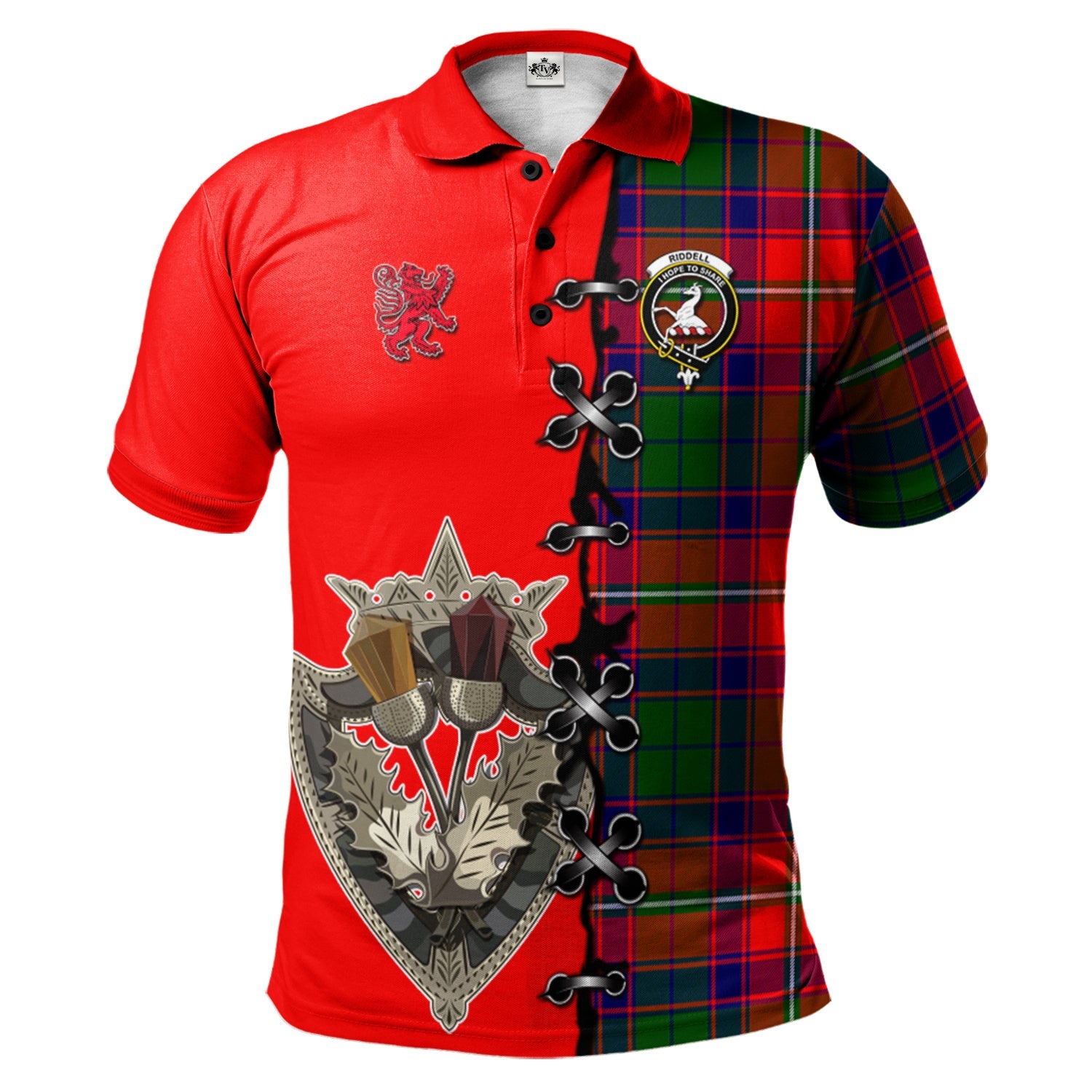 scottish-riddell-clan-crest-tartan-lion-rampant-and-celtic-thistle-polo-shirt