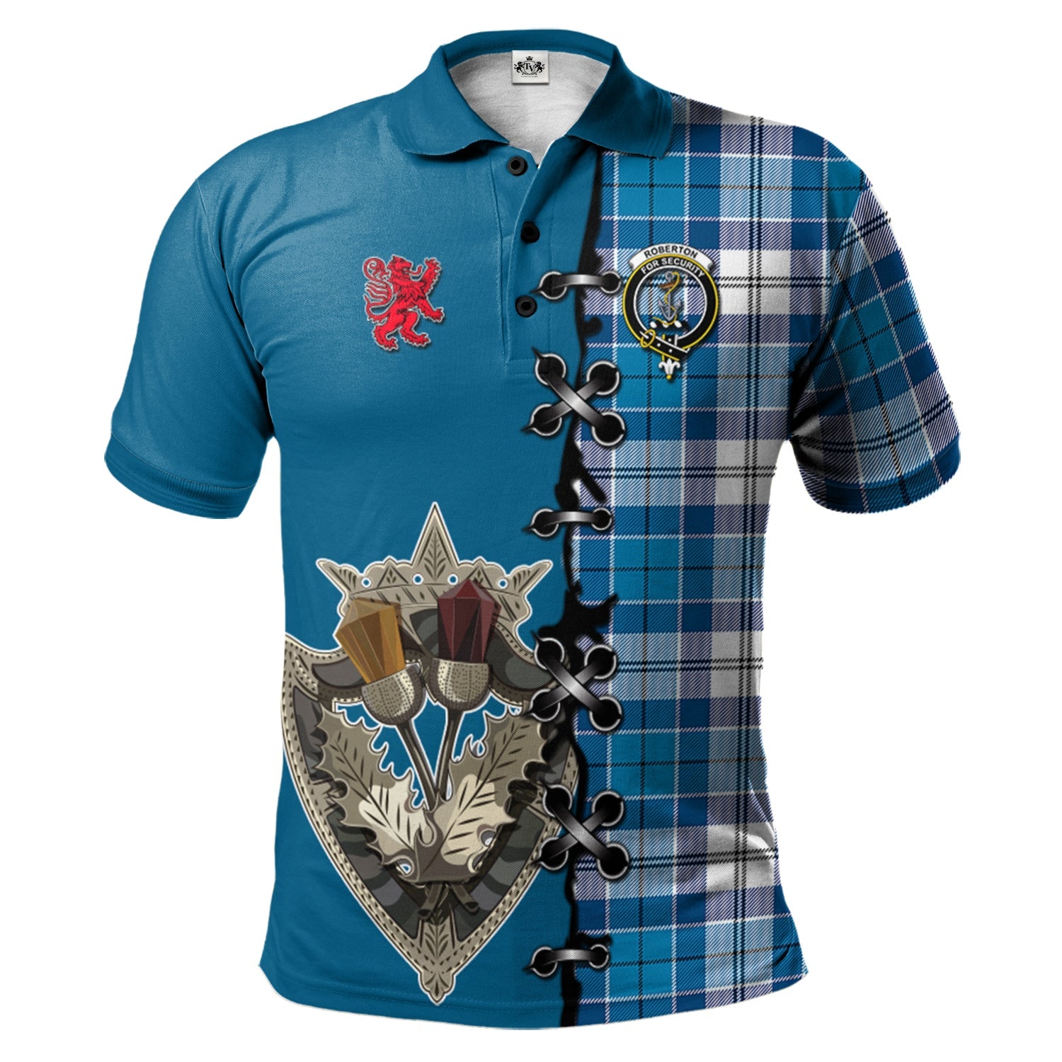 scottish-roberton-clan-crest-tartan-lion-rampant-and-celtic-thistle-polo-shirt