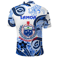 White rugby polo shirt with blue Polynesian pattern, Samoa text and floral motifs on back