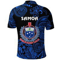 Black polo rugby shirt, blue back graphic with Samoa logo and crest