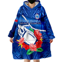 Samoa Rugby Manu Samoa Polynesian Hibiscus Blue Style Wearable Blanket Hoodie - Wonder Print Shop