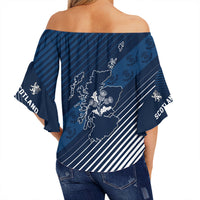 Blue off-shoulder back top with Scotland map graphic and stripes, loose sleeves