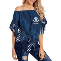 Blue off-shoulder wrap waist top with Scotland thistle print, tie front