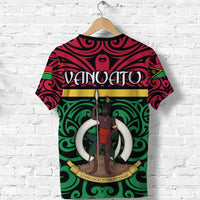 Green Vanuatu warrior T-shirt with standing warrior, spear, and crescent emblem