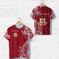 Red Kolisi Tonga T-shirt: front & back prints with crest, white tribal pattern