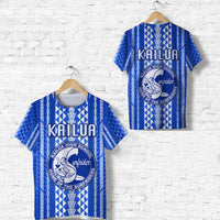 Blue Kailua High School Surfriders T-shirt with tribal geometric pattern and surf rider logo