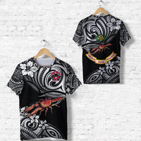 Black rugby t-shirt with front and back tribal print, crab motif and crest
