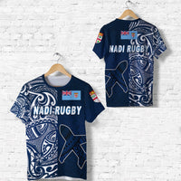 Blue Nadi Rugby rugby T-shirt with tribal tapa print and flag/crest patches
