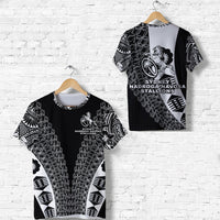 Black rugby T-shirt, front/back views, geometric print with horse crest and text