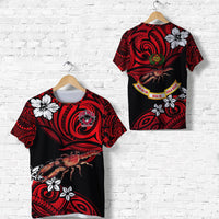 Red & black Fiji rugby T-shirt with tribal swirl print, front and back views