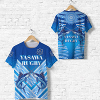Blue rugby T-shirt with YASAWA RUGBY text and tribal dolphin graphic, front view