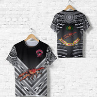 Black rugby-style T-shirt with front crest and crab graphic, tribal chevron sleeves