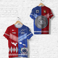 Red & blue Tonga/Samoa T-shirt, crest and circular emblem front