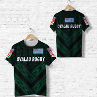 Dark green Ovalau Rugby rugby T-shirt with tribal pattern and chest flag patch, short sleeves