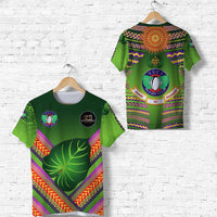 Green Fiji Vuci rugby club T-shirt with tribal border patterns and crest logos