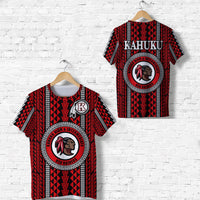 Red black white tribal-print school T-shirt with Kahuku crest on front and back