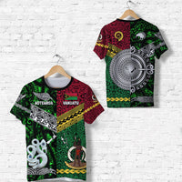 Green and maroon patterned T-shirt with Aotearoa/Vanuatu graphic, short sleeves