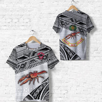White rugby T-shirt with black geometric pattern, crab graphic and green emblem