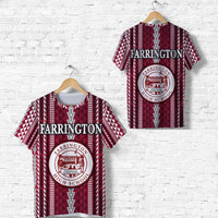 Maroon T-shirt with Farrington High School logo front and matching patterned back