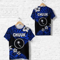 Blue and black CHUUK T-shirt with hibiscus, flowers, and tribal circle graphic