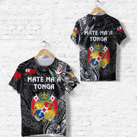 Black Tonga T-shirt with “Mate Ma'a Tonga” text and colorful crest graphic