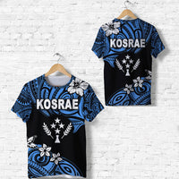 Blue and black Kosrae graphic T-shirt with large KOSRAE text and laurel torch emblem