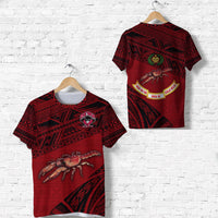 Red Fiji Rewa rugby T-shirt with black patterned design and crab graphic on front
