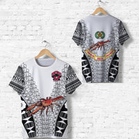 White rugby T-shirt with Fiji tapa print, crab and geometric black panels