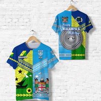 Blue Malampa & Fiji Day graphic T-shirt, front views with split colorful panel design