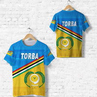 Blue Torba T-shirt with colorful stripes and traditional pattern, front logo graphic