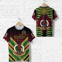 Black Vanuatu independence anniversary T-shirt with central figure and green/yellow tribal print
