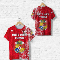 Bright red Tonga T-shirt with Mate Ma'a text and crest; front & back shown